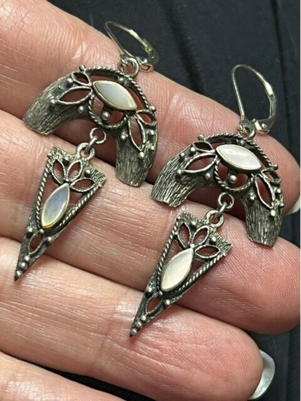 B7070 Bohemian Dangle Earrings Sterling silver Mother of Pearl Leverback 6.2g 2"